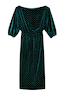 Thumbnail for Emerald Velvet Tilly Dress featuring white polka dots, an off-the-shoulder neckline and voluminous sleeves.