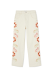 Ecru Enchanted Scallop Jeans in wide-leg denim featuring sun embroidery and scalloped pockets.