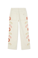 Ecru wide leg jeans featuring scalloped back pockets and colourful sun embroidery along the side seams.