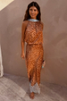 Multi-wear Fawn Lily Top and matching Maeva maxi skirt co-ord in a brown fawn print with blue tie neck detail.