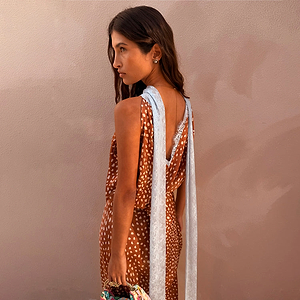 Brown fawn print Fawn Lily Top with light blue lace trim and long multi-wear ties, shown from the back.