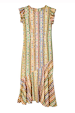 Fiesta Remi Midi Dress in a multicoloured geometric print with frilled cap sleeves and a flared asymmetrical hem.