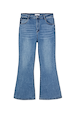 Blue Denim Flare Scallop Jean featuring a 70s-inspired silhouette and scalloped embroidery on the pocket.
