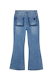 Blue Denim Flare Scallop Jeans featuring dark navy scalloped back pockets and a 70s-inspired flared silhouette.