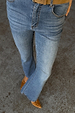 Blue Denim Flare Scallop Jean with a 70s-style flared leg, scallop pockets and faded wash finish.