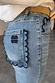 NFD Denim Flare Scallop Jean in blue with navy scalloped pockets and an embroidered logo on the back.