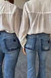 Blue Denim Flare Scallop Jean with scalloped back pockets, shown on models in UK sizes 8 and 18 for inclusive sizing.
