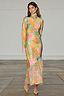 Thumbnail for Floral Alaia Dress in a multicoloured print with gold flecks, bell sleeves and an asymmetric skirt.
