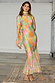 Thumbnail for Floral Alaia Dress featuring a multicoloured floral print with gold flecks, bell sleeves and a sheer asymmetric skirt.