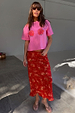 Red Floral Midi Skirt styled with a pink rose graphic t-shirt for feel good summer dressing.