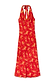 Red Floral Halter Dress featuring a 90s-inspired tie neck, vintage floral print, and contrast green bow detail.