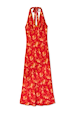 Red Floral Halter Dress featuring a 90s-inspired tie neck, vintage floral print, and contrast green bow detail.