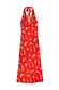 Red Floral Halter Dress with a pink and green vintage print, tie-neck fastening and green trim with bow detail.