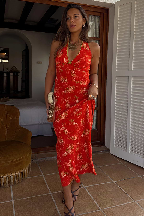 red floral halter dress Halter Floral Strappy Backless Maxi Dress Red