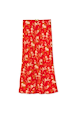 Red Floral Midi Skirt featuring a white flower print, elasticated waistband, and a small contrast green bow.