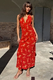 Red Floral Halter Dress with a 90s vintage print and green trim, worn by a 5ft7 model in a size 8.