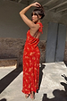 Red Floral Halter Dress featuring a vintage floral print, tie-neck fastening, and open back.