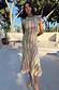 Thumbnail for Multicoloured geometric print Fiesta Remi Midi Dress with frilled sleeves and an asymmetrical hem.