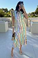 Multicoloured Fiesta Remi Midi Dress with a geometric print, frilled sleeves and an asymmetrical skirt.
