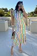 Multicoloured Fiesta Remi Midi Dress with a geometric print, frilled sleeves and an asymmetrical skirt.