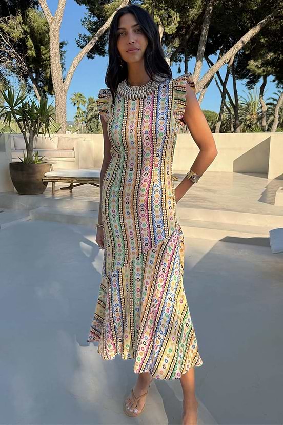 Multicoloured Fiesta Remi Midi Dress with geometric prints and frilled sleeves for dopamine dressing.