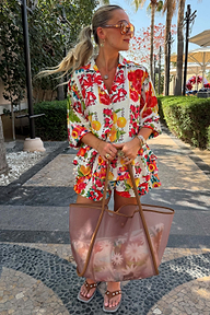 Fruit Stamps Co-ord Set in a colourful Mediterranean fruit print, featuring a relaxed shirt and tiered frill shorts.
