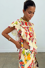 Cream Fruit Stamps Florence Top with layered ruffles, side ties and a Mediterranean fruit print.