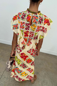 Fruit Stamps Florence Top in cream cotton-linen featuring a Mediterranean print and layered back ruffles.