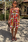 Fruit Stamps Mini Dress with a Mediterranean fruit print, tiered silhouette and red tassel tie detailing.