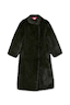 Longline Green Faux Fur Coat with a relaxed silhouette and pop of hot pink lining, shown on a white background.