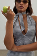 Gingham Halterneck Dress in a monochrome check with a deep V-neckline and tie-neck detail.
