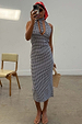 Black and white Gingham Halterneck Dress with a retro tie neck and back slit, designed in London.