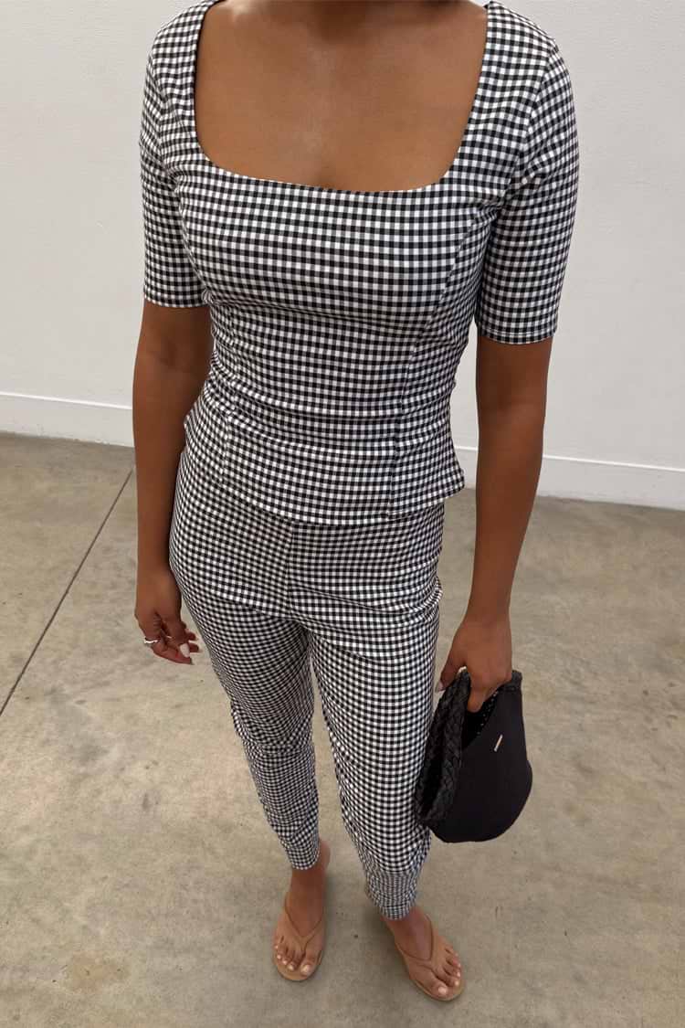Black and white Gingham Top featuring a deep square neckline and corset-style darts, styled as a co-ord.