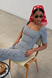 Black and white Gingham Top with a deep square neckline and corset-style darts, paired with matching co-ord trousers.