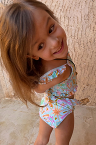 Blue Starburst Crop Bikini Set for girls with smocked frill details and colourful celestial motifs.