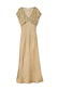 Gold Sequin Elodie Dress featuring a pearl-embellished mesh V-neck top and a gold satin skirt.