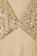 NFD Gold Sequin Elodie Dress detail featuring pearl-embellished mesh and contrasting satin fabric at the V-neckline.
