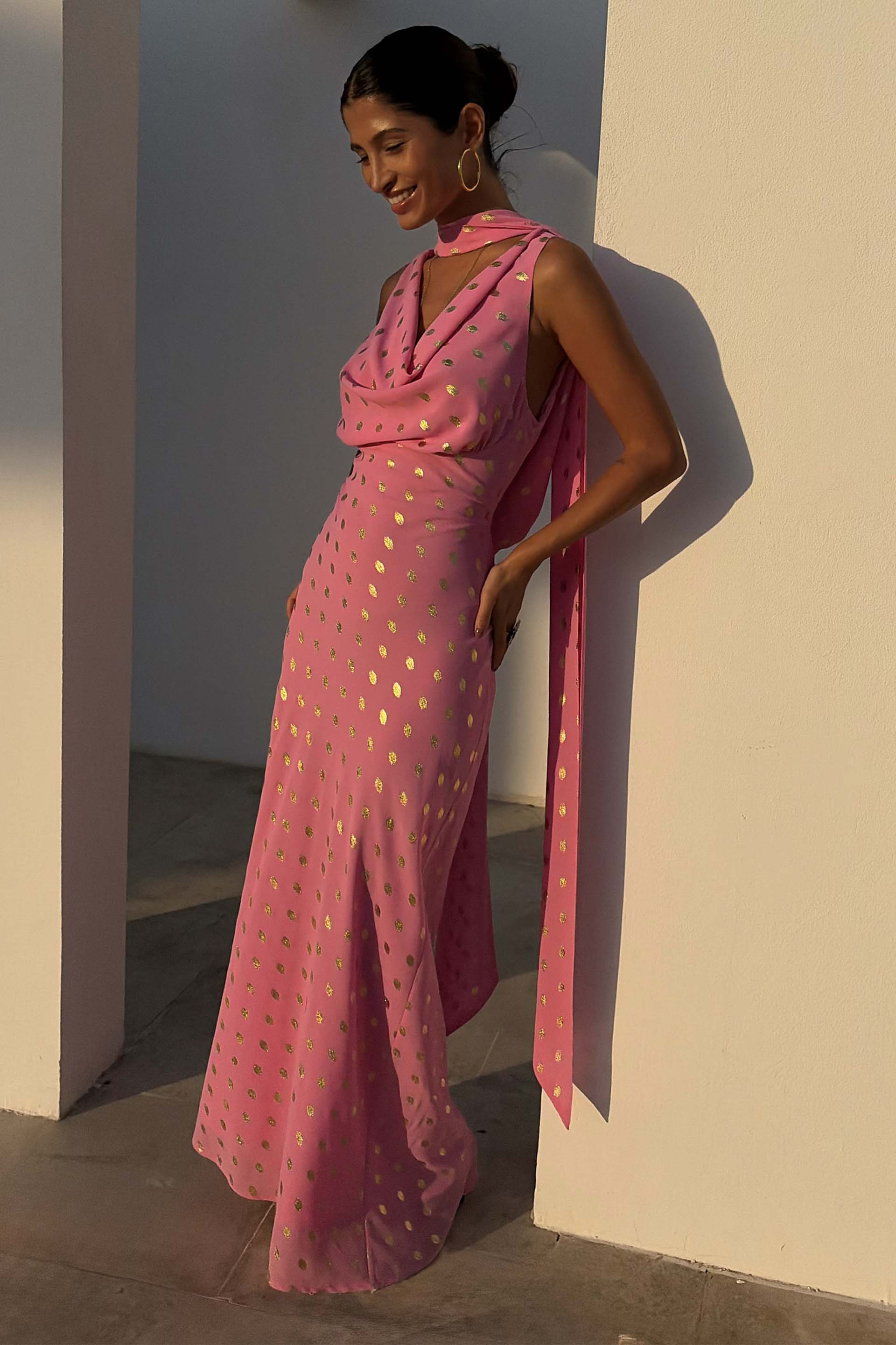 pink dress with gold polka dots Girls 5: Vintage Pink Polka Dot Party Dress, Metallic Gold Dots, Lace Trim, Double Layered Skirt, Flower Details, by Popaye's