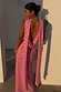 Pink Sophie Dress with gold flecks, featuring a statement draped back and detachable multi-wear scarf.