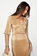 Gold Plisse Dress with a metallic finish, V-neckline and angel sleeves, styled with a clutch bag.