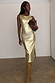 Gold Metallic Ribbed midi dress with a sleeveless design and side slit, styled with slouchy boots.