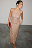 Thumbnail for Gold Sequin Tank Top and matching sequin maxi skirt styled with a burgundy clutch bag.