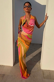 Green Abstract Sabine Dress featuring a cowl neckline and multicoloured wavy print in a maxi length.