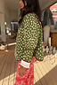 Thumbnail for Green deer print reversible quilted jacket with burgundy trim and white lace cuff detailing.
