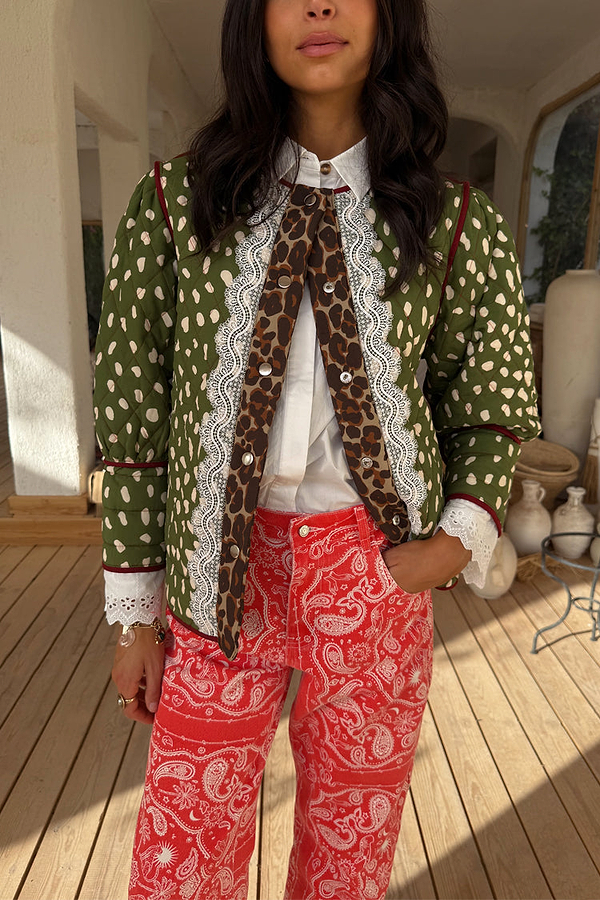 Green Dallas Reversible Jacket in a quilted deer print with leopard trim and intricate white lace detailing.