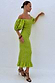 Olive Jojo Midi Dress with gold flecks, featuring a shirred body, puffed sleeves and a frill hem.
