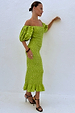 Olive Jojo Midi Dress with gold flecks, featuring a shirred body, puffed sleeves and a frill hem.