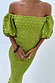 Thumbnail for Olive Jojo Dress featuring gold flecks, a shirred bodice and puffed off-the-shoulder sleeves.