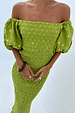 Olive Jojo Dress featuring gold flecks, a shirred bodice and puffed off-the-shoulder sleeves.