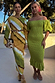 Olive Jojo Dress with gold flecks, featuring a shirred midi body, adjustable neckline and a frill hem.